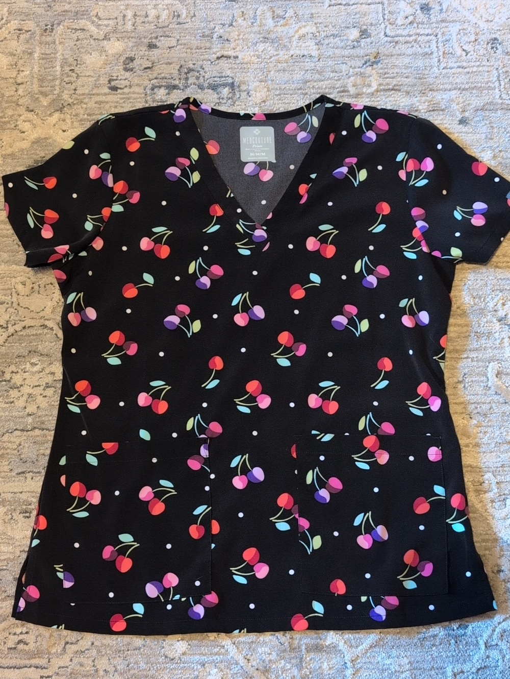 MedCulture Black V-Neck Scrub Top with Red and Pink Cherry Print